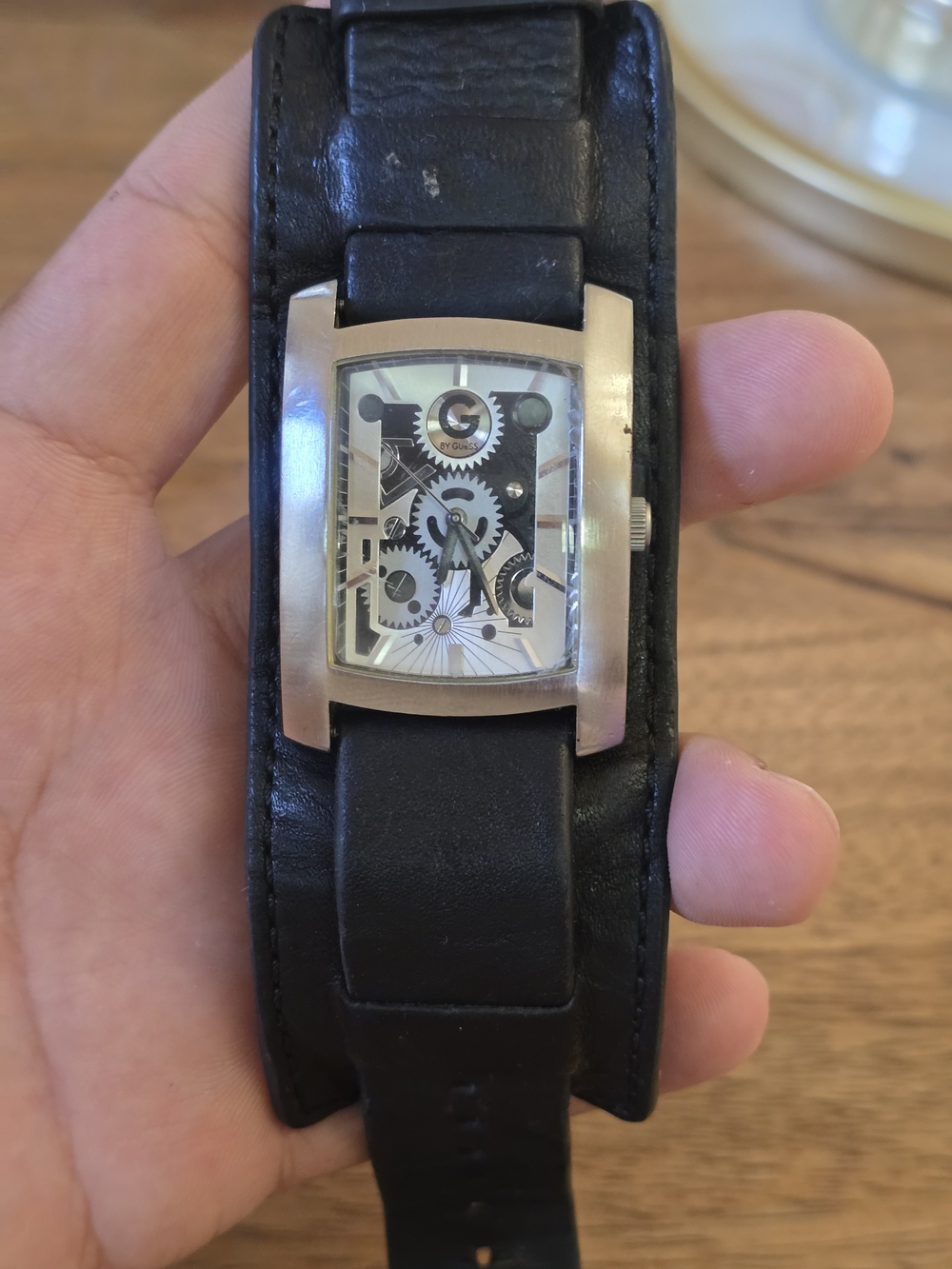 Men's Black Leather Cuff Watch with Silver Case Guess